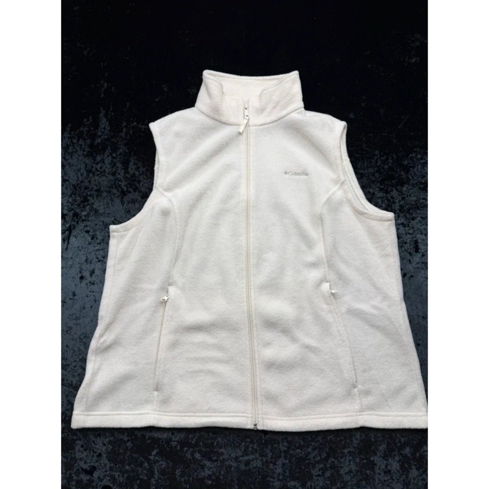 Columbia Womens 1X Ivory Fleece Vest Full Zip Pockets Outdoor Plus Size
